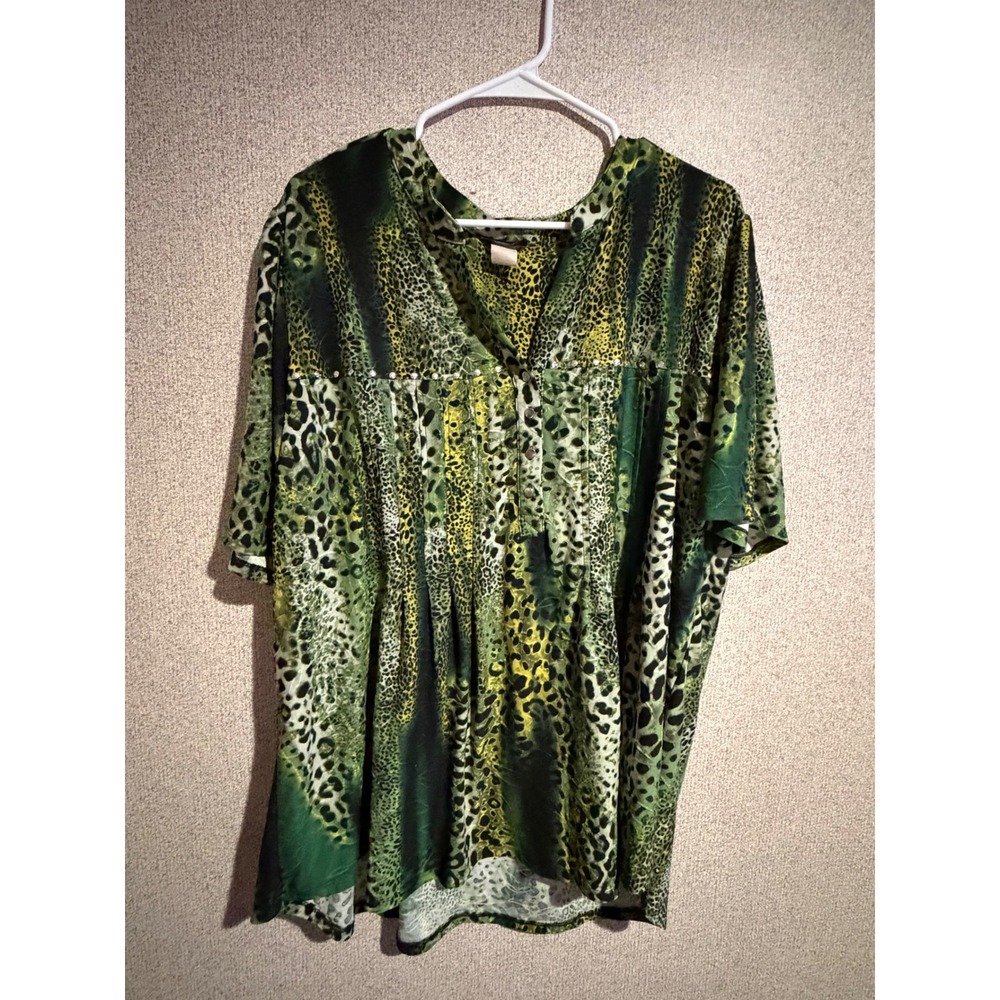 Cocomo Woman Green Leopard Print Rhinestone Button Front Short Sleeve Blouse